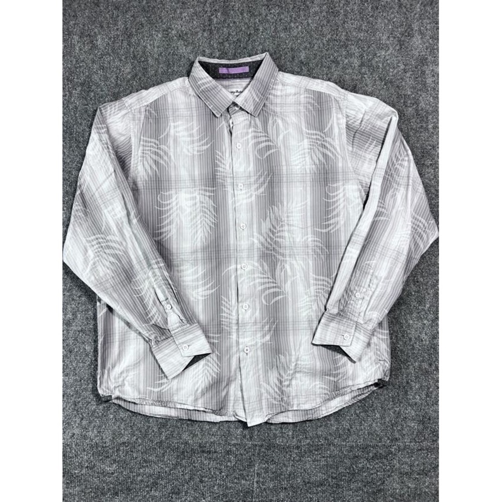 Tommy Bahama Button Down Shirt Mens Large Grey Striped Tropical Palm Long Sleeve